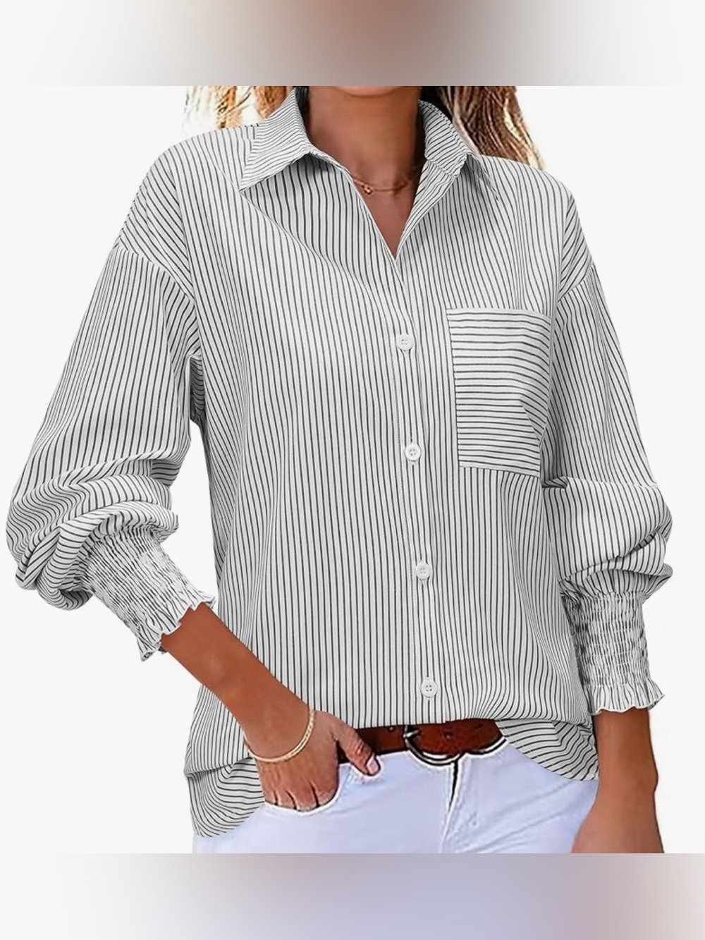 Women's Black & White Striped Button-Down Shirt - Casual Collared Blouse